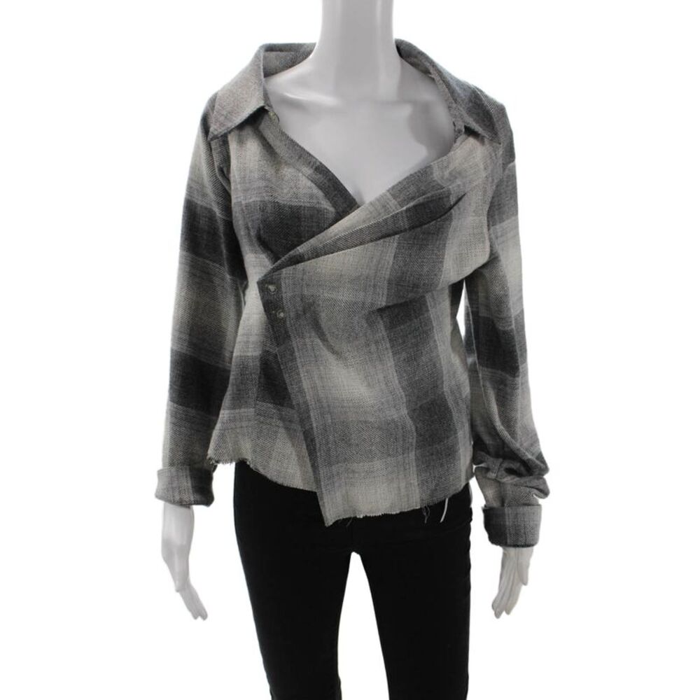 R+A Women Designer Plaid Wool Blend Jacket Black Long Sleeve Size M